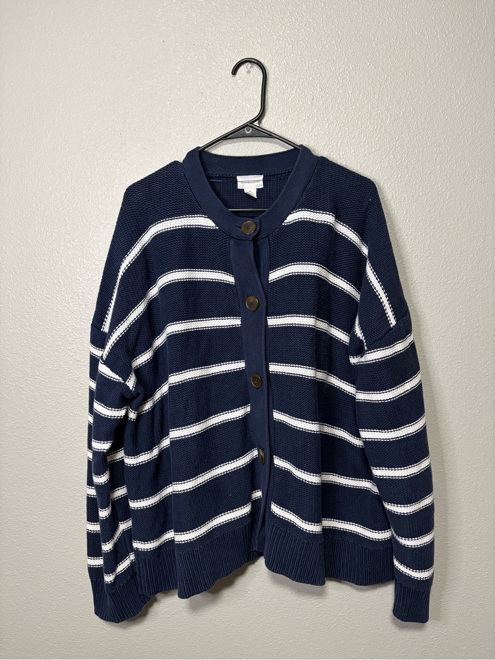 Caslon Striped Pima Cotton Button-Up Cardigan Sweater 3X Navy White